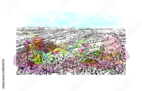 Building view with landmark of Exeter is an ancient city on the River Exe in southwest England. Watercolour splash with hand drawn sketch illustration in vector.