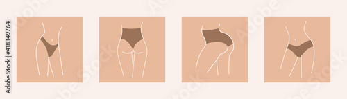 Sexy female bodies in panties. Slim waist, hips and legs. Butts of skinny girls. Set of vector linear illustrations for logo or design.