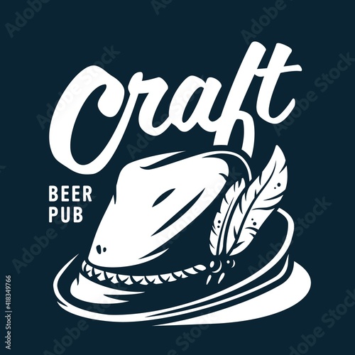 Emblem with beer bavarian hat and feather for oktoberfest. Logo of traditional cap for alcohol october fest