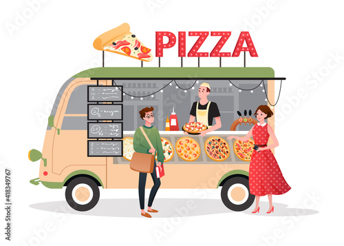Pizza street market food truck, mini pizzeria restaurant mobile shop in van bus foodtruck