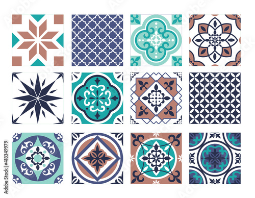 Tile mosaic pattern set, traditional abstract portugal and moroccan patchwork texture