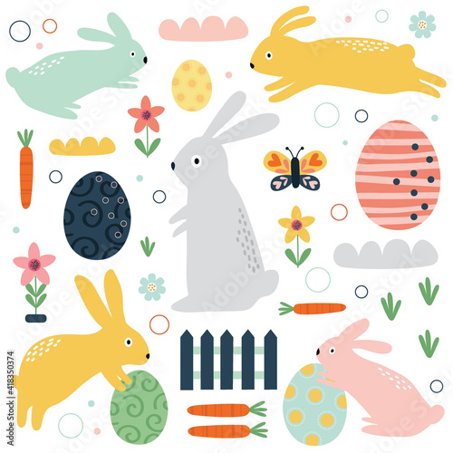 Seamless pattern with cute rabbit on white background