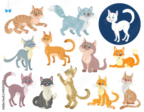 Set of funny cats in different colors and  in various poses. In cartoon style. Isolated on white background. Vector flat illustration.