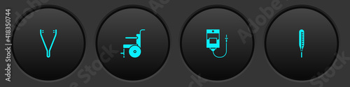 Set Medical tweezers, Wheelchair for disabled person, IV bag and thermometer icon. Vector.