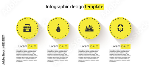 Set Case container for wobbler, Fishing spoon, boat water and Inflatable. Business infographic template. Vector.