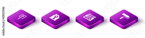 Set Isometric Parking, House with key, Hanging sign For Rent and Paint roller brush icon. Vector.