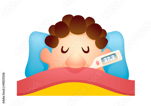 Man in bed with thermometer in his mouth, illness