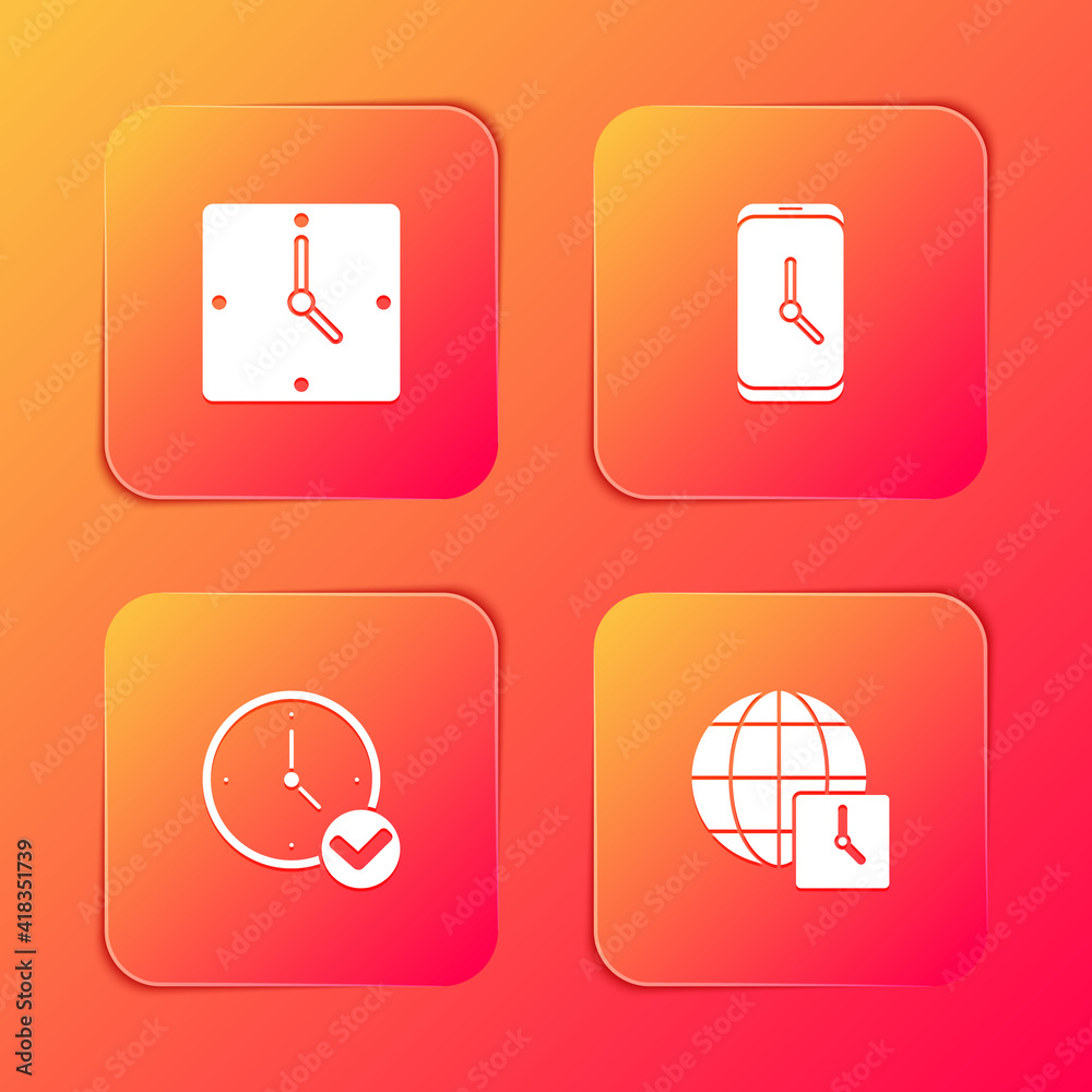 Set Clock, Alarm clock app mobile, and World time icon. Vector. Set Clock, Alarm clock app mobile, and World time icon. Vector.