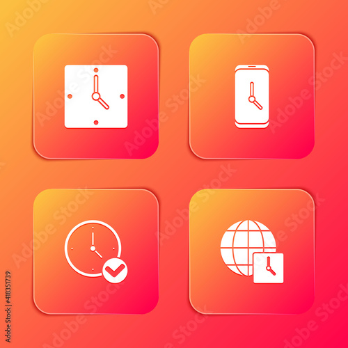 Set Clock, Alarm clock app mobile, and World time icon. Vector.