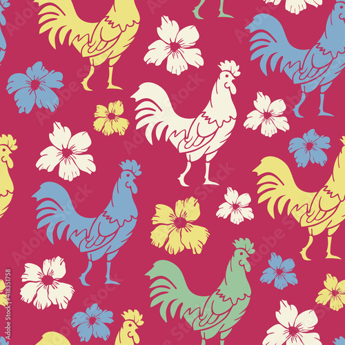 Vector seamless pattern with colorful rooster silhouettes on a vivid background. Roosters and flowers pattern.
