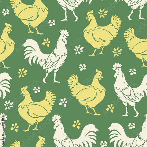 Vector seamless pattern with hens, roosters and flowers on green background. Farm birds design.