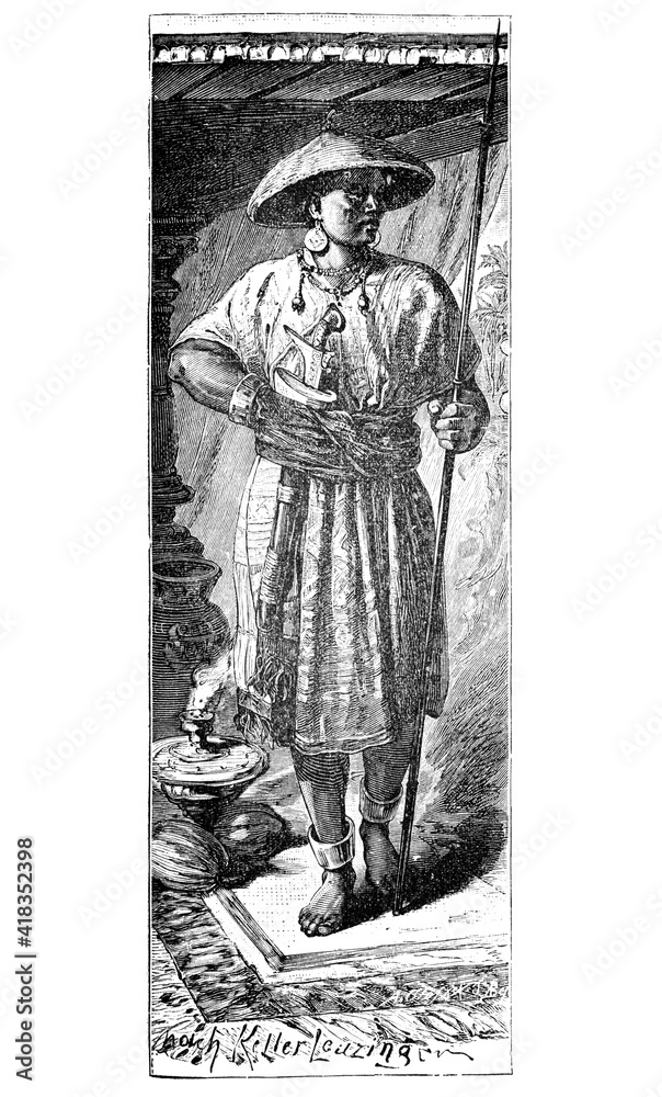 Fototapeta premium Soldier armed with spear, bodyguard of nobleman, Java, Indonesia. Culture and history of Asia. Vintage antique black and white illustration. 19th century.