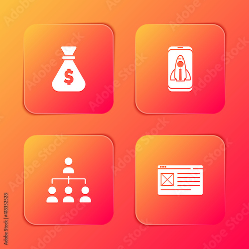 Set Money bag, Startup project concept, Hierarchy organogram chart and Browser window icon. Vector.