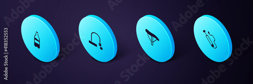 Set Isometric Bicycle air pump, seat, lock and Sport bottle with water icon. Vector.