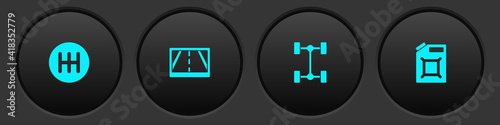 Set Gear shifter, Gps device with map, Chassis car and Canister for gasoline icon. Vector.