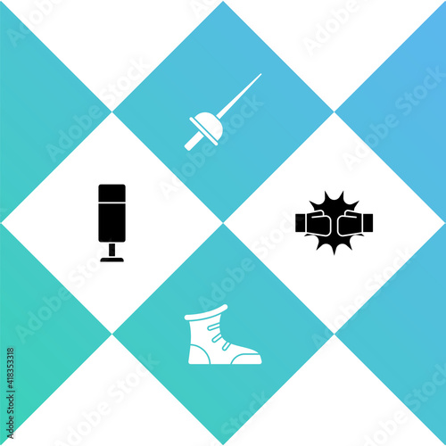 Set Punching bag, Sport boxing shoes, Fencing and gloves icon. Vector.