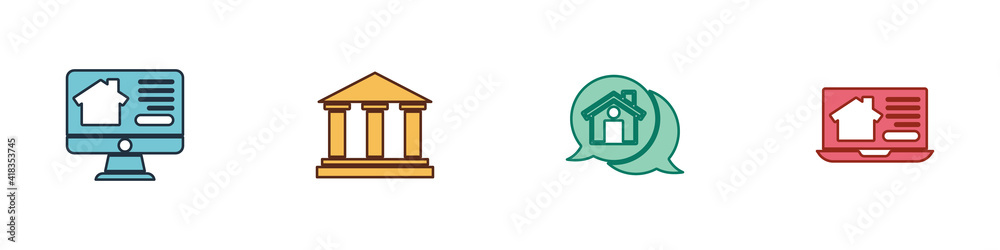 Set Online real estate house, Museum building, Real message and icon. Vector. Set Online real estate house, Museum building, Real message and icon. Vector.