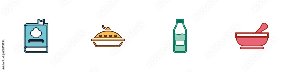 Set Cookbook, Homemade pie, Bottle with milk and Mortar and pestle icon. Vector. Set Cookbook, Homemade pie, Bottle with milk and Mortar and pestle icon. Vector.