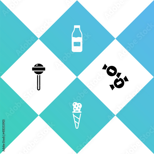 Set Lollipop, Ice cream in waffle cone, Bottle with milk and Candy icon. Vector.