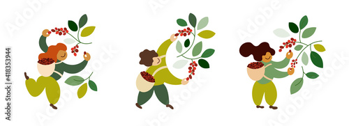 Set of vector illustrations with coffee pickers. People harvesting ripe red berries from trees branches. Happy farmers picking coffee beans in basket by hand. Laborers work on farm. Design for package