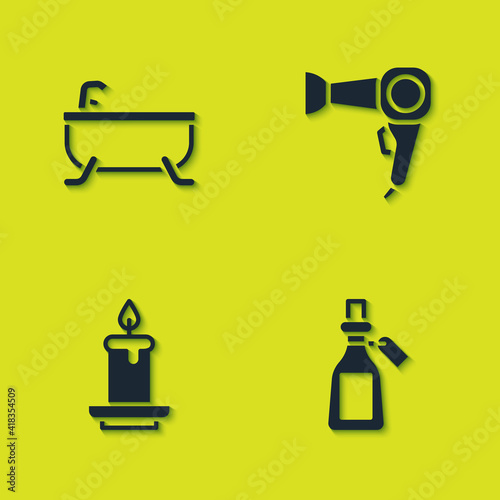 Set Bathtub, Essential oil bottle, Aroma candle and Hair dryer icon. Vector.