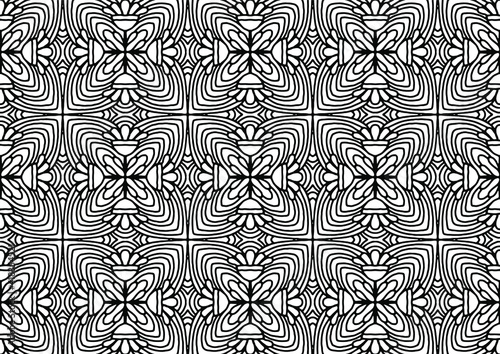sealess tile with flowers and folk style linear figures drawn on a white background for coloring, vector, tile, coloring book
