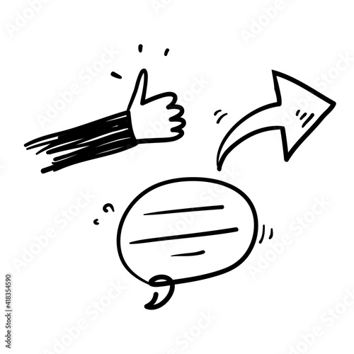 hand drawn doodle thumb up arrow and bubble speech symbol for like share and comment illustration