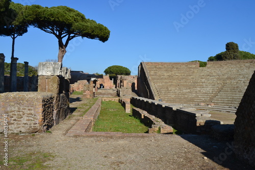 Panorama of ancient Roman ruins of amphitheater in ostia Antica Rome Italy 