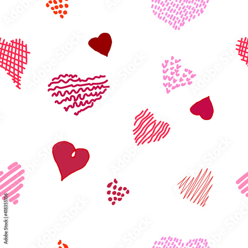 Seamless romantic pattern with hand drown hearts. Ready template for Valentine's day cards, print, poster, party. Vector design.