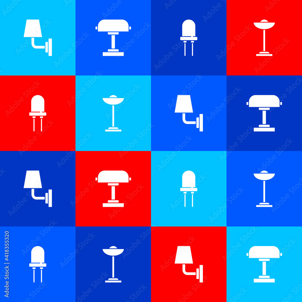 Set Wall lamp or sconce, Table, Light emitting diode and Floor icon. Vector. Set Wall lamp or sconce, Table, Light emitting diode and Floor icon. Vector.
