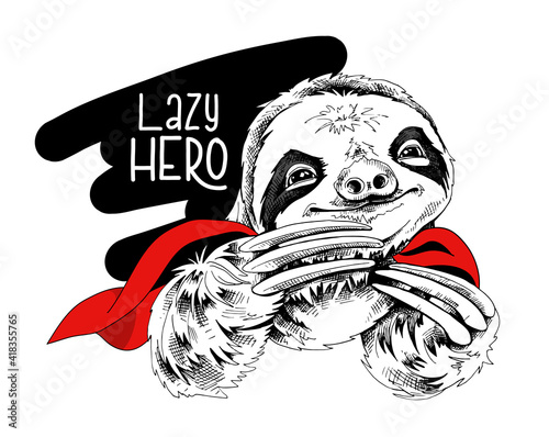 Adorable smiling sloth in a red cloak and in a black hero mask. Humor card, t-shirt composition, hand drawn style print. Vector illustration.