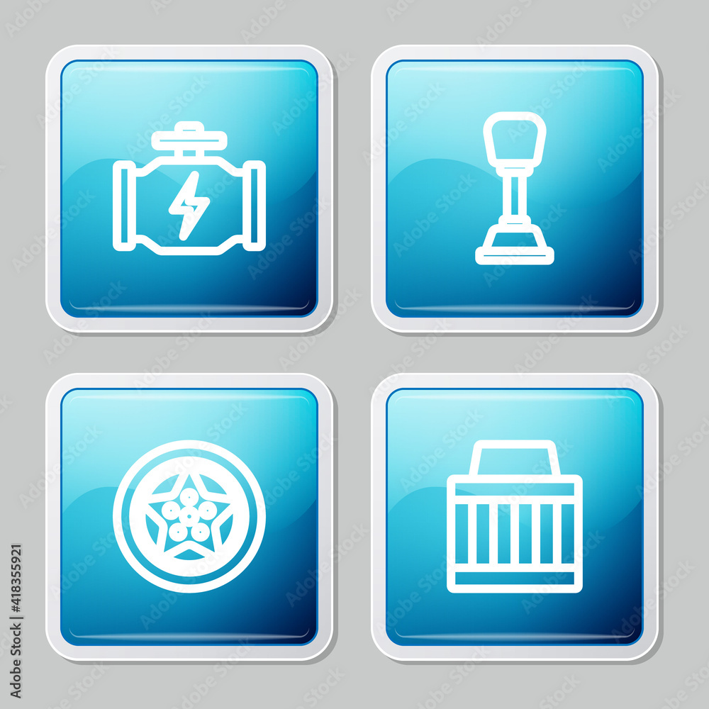 Set line Check engine, Gear shifter, Car wheel and air filter icon. Vector. Set line Check engine, Gear shifter, Car wheel and air filter icon. Vector.