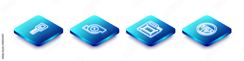 Set Isometric line Car key with remote, Automotive turbocharger, Canister for motor oil and Steering wheel icon. Vector. Set Isometric line Car key with remote, Automotive turbocharger, Canister for motor oil and Steering wheel icon. Vector.