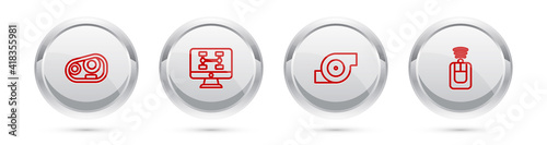 Set line Car headlight, Diagnostics condition of car, Automotive turbocharger and key with remote. Silver circle button. Vector.