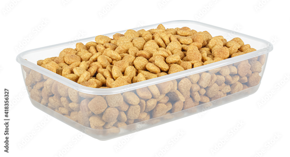Open transparent plastic container with dry cat food inside isolated on white background Open transparent plastic container with dry cat food inside isolated on white background