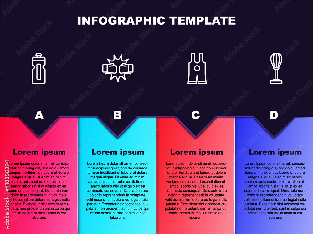 Set line Fitness shaker, Punch in boxing gloves, Wrestling singlet and Punching bag. Business infographic template. Vector. Set line Fitness shaker, Punch in boxing gloves, Wrestling singlet and Punching bag. Business infographic template. Vector.