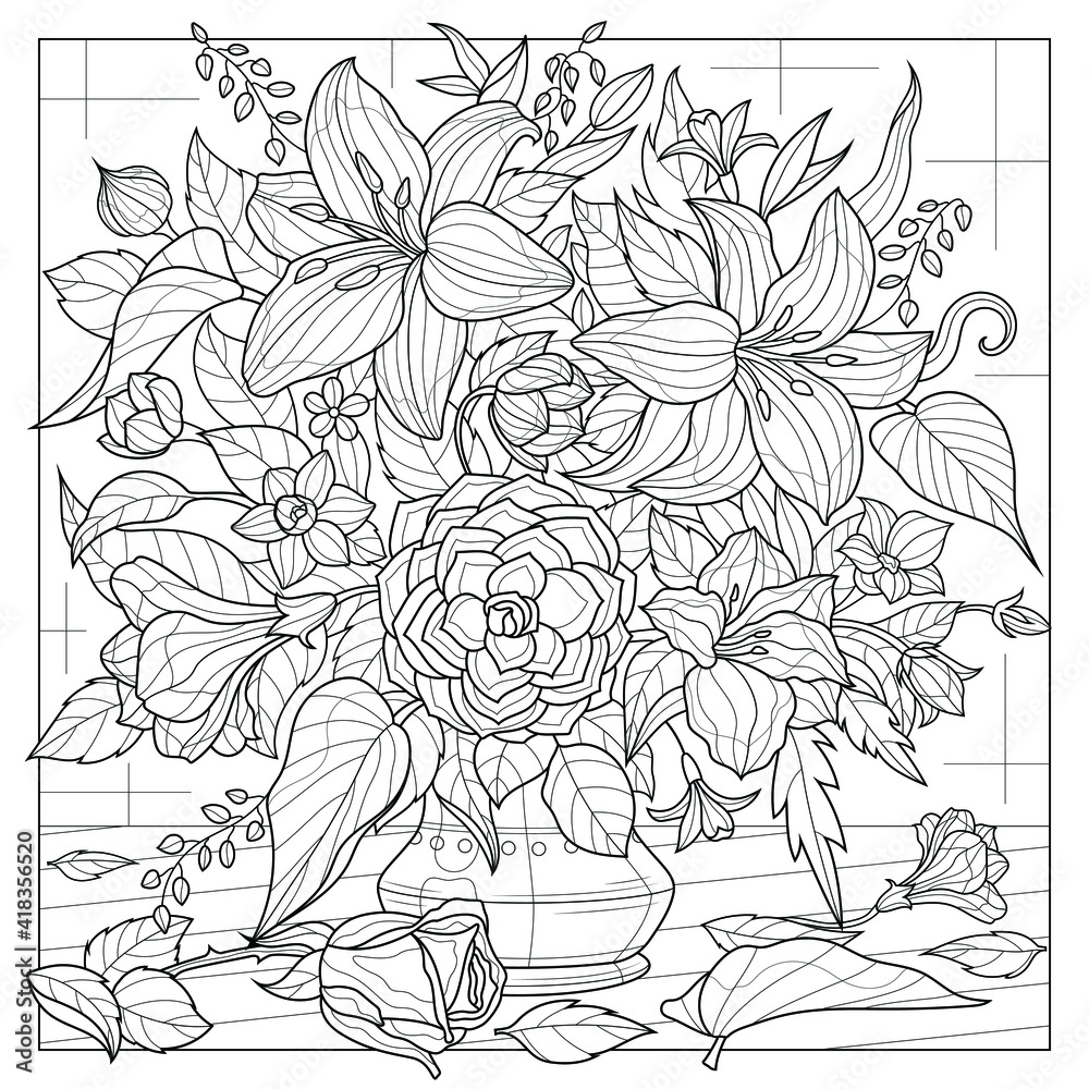 Bouquet of flowers in a vase.Coloring book antistress for children and ...