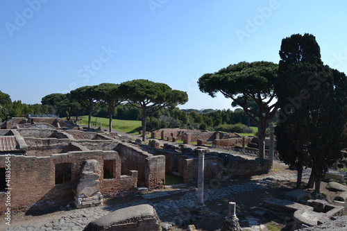 Panorama of roman ruins at the archeological site of Ostia Antica Rome Italy empty on a sunny day 