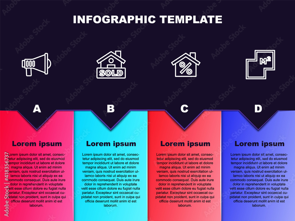 Set line Megaphone, Hanging sign with text Sold, House percant discount and plan. Business infographic template. Vector. Set line Megaphone, Hanging sign with text Sold, House percant discount and plan. Business infographic template. Vector.