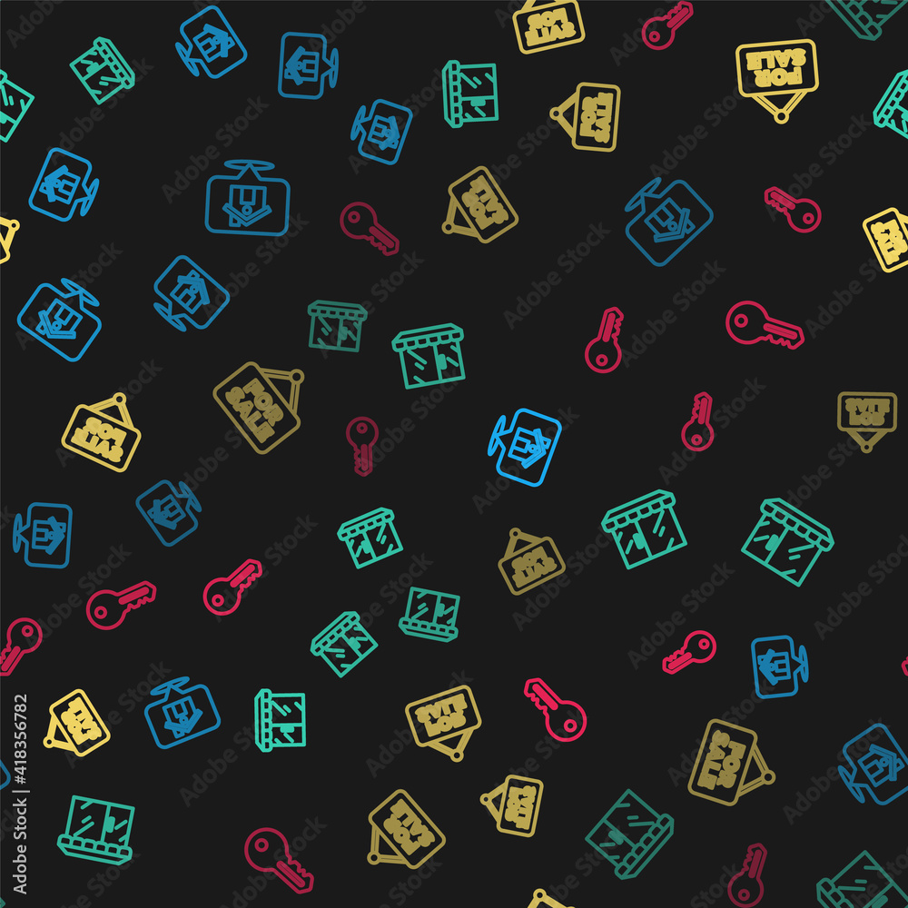 Set line Location with house, Market store, Hanging sign For Sale and House key on seamless pattern. Vector.