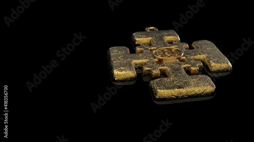 Gold Jerusalem Cross Textured with Jesus monogram IHS on Black Background. The Monogram is a latin phrase 