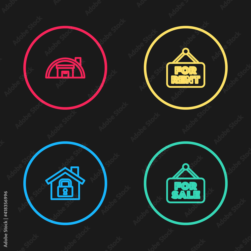 Set line House under protection, Hanging sign with For Sale, Rent and Warehouse icon. Vector. Set line House under protection, Hanging sign with For Sale, Rent and Warehouse icon. Vector.