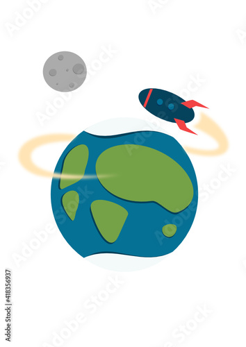 Rocket flying around the earth towards the moon, isolated, moon and earth, rocket, vector illustration