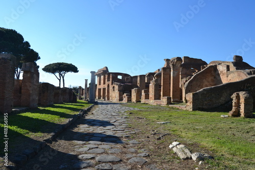 Panorama of ancient Roman ruins with sky and tree in Ostia  Antica Rome Italy 