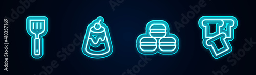 Set line Spatula, Pudding custard, Macaron cookie and Bread toast. Glowing neon icon. Vector.