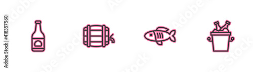 Set line Beer bottle, Dried fish, Wooden barrel on rack and bottles in ice bucket icon. Vector.