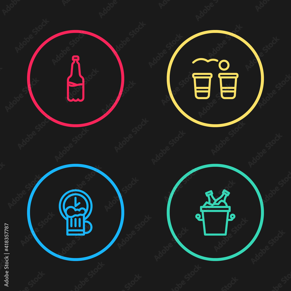 Set line Happy hour, Beer bottles in ice bucket, pong game and Plastic beer icon. Vector. Set line Happy hour, Beer bottles in ice bucket, pong game and Plastic beer icon. Vector.
