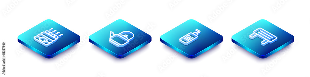 Set Isometric line Hot sauna stones, Kettle with handle, Cream or lotion cosmetic tube and Sauna wood bench icon. Vector. Set Isometric line Hot sauna stones, Kettle with handle, Cream or lotion cosmetic tube and Sauna wood bench icon. Vector.