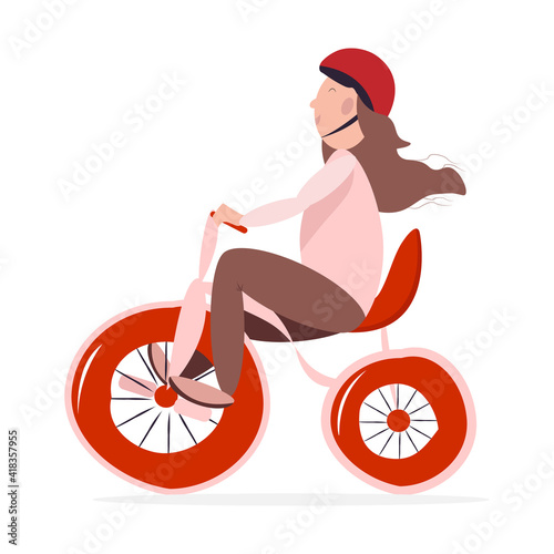girl with long hair wearing a helmet rides a red bicycle. Vector illustration