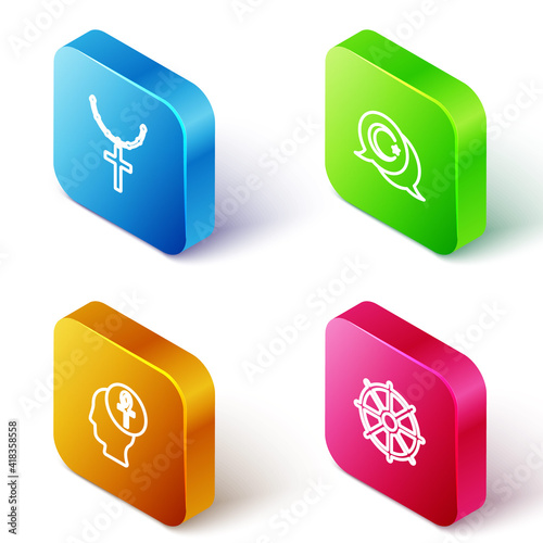 Set Isometric line Christian cross on chain, Star and crescent, Cross ankh and Dharma wheel icon. Vector.